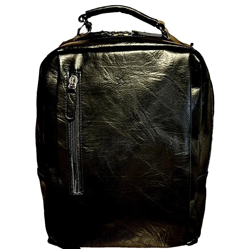 Black Faux Leather Backpack XL Multi Pocket Travel School Laptop Bag New